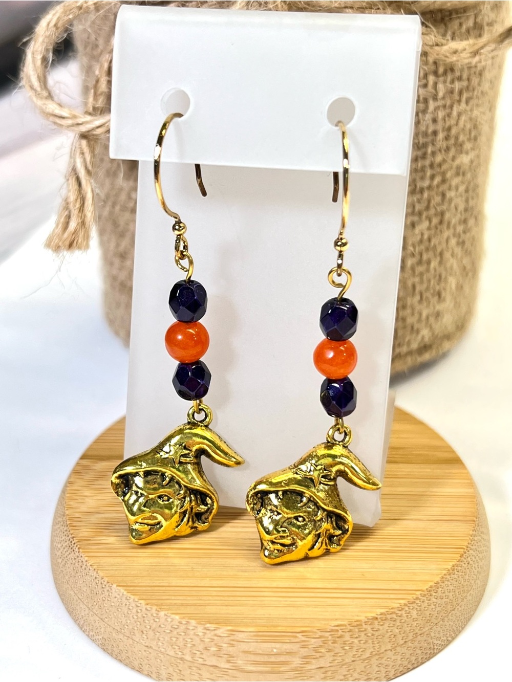 Gold Witch Head Drop Earrings with Purple and Orange Beads-NEW